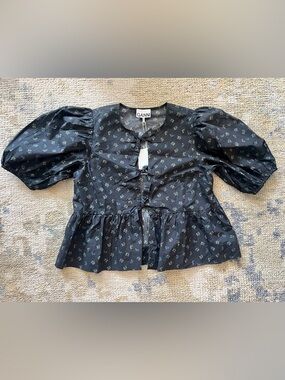 Ganni Cotton Peplum Blouse with Blue and White Floral Print